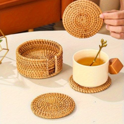 6 db kézzel szőtt rattan kávés pohár alátét szett