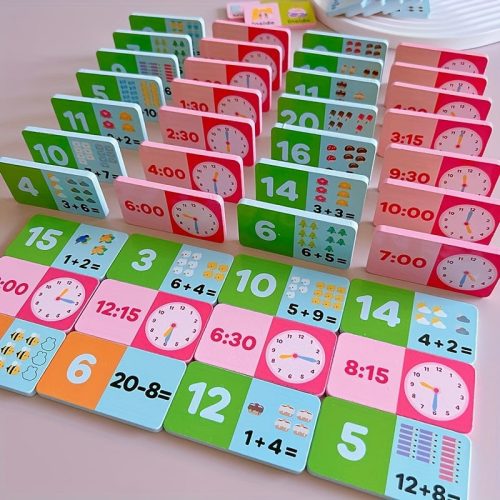 4-az-1-ben Fa Oktató Játékkészlet: Dominók, Összeadás és Kivonás, Időfelismerés