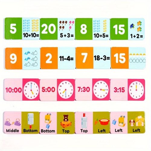 4-az-1-ben Fa Oktató Játékkészlet: Dominók, Összeadás és Kivonás, Időfelismerés