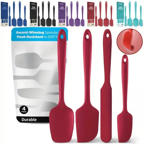 4 db-os szilikon spatulaszett, hőálló 600°F-ig, tartós gumi konyhai eszközök tapadásmentes edényekhez, varrat nélküli kialakítás, piros, 4 méret Szilikon kaparó készlet cián 4 darabos