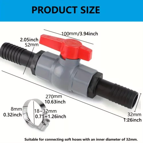 40 mm-es PVC golyós szelep tömlőcsatlakozóval – 2 db 32 mm-es fúvókával, tömítőszalaggal