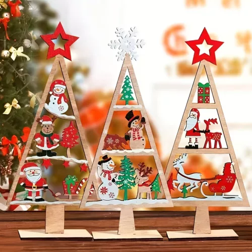 3D fa karácsonyfa díszek mikulással, hóemberrel, rénszarvassal és ünnepi elemekkel