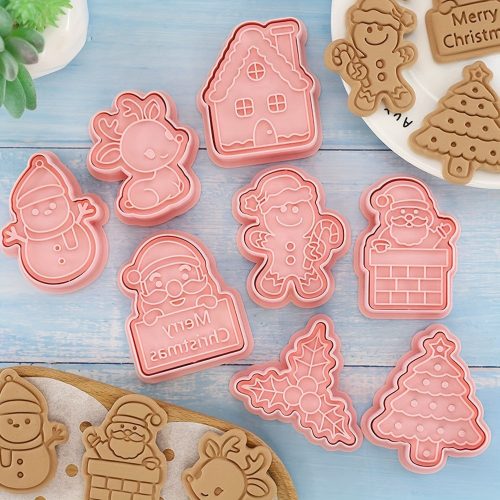 8 részes karácsonyi süti kiszúró készlet: Mézeskalács ember, karácsonyfa, hóember, Mikulás, harangok, hópelyhek, Boldog karácsonyt