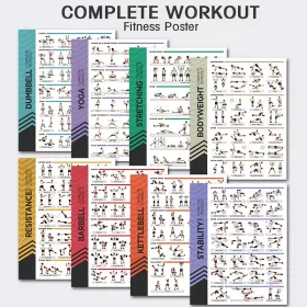   8 db fitnesz plakát készlet, nyújtás, súlyzós edzés, kettlebell jóga, 20 × 25 cm, keret nélküli
