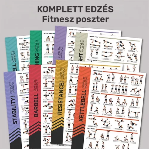 8 db fitnesz plakát készlet, nyújtás, súlyzós edzés, kettlebell jóga, 20 × 25 cm, keret nélküli