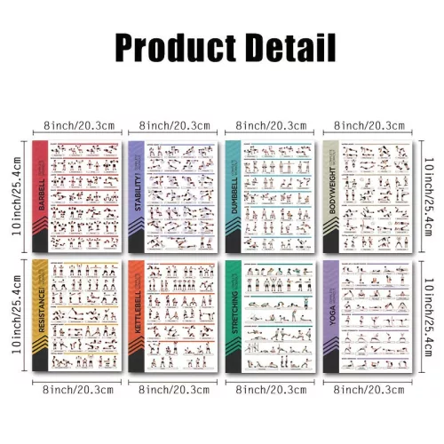 8 db fitnesz plakát készlet, nyújtás, súlyzós edzés, kettlebell jóga, 20 × 25 cm, keret nélküli