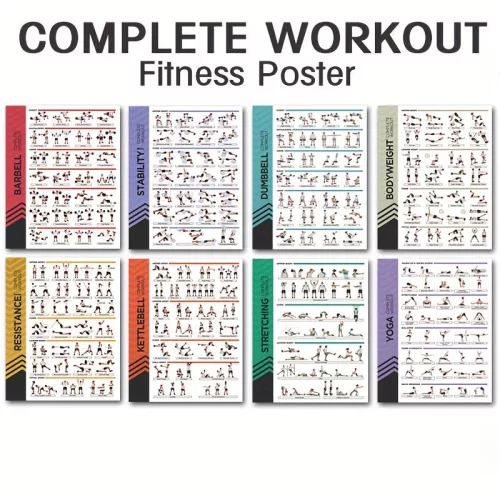 8 db fitnesz plakát készlet, nyújtás, súlyzós edzés, kettlebell jóga, 20 × 25 cm, keret nélküli
