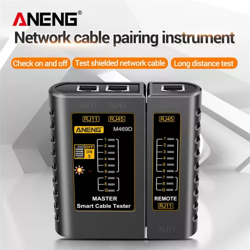 ANENG M469D hálózati kábeltesztelő RJ45/RJ11/RJ12 CAT5 UTP LAN kábelekhez, elemes Sárga