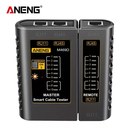 ANENG M469D hálózati kábeltesztelő RJ45/RJ11/RJ12 CAT5 UTP LAN kábelekhez, elemes Fekete