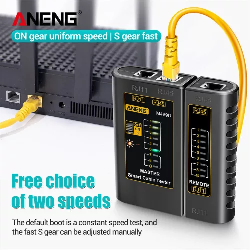 ANENG M469D hálózati kábeltesztelő RJ45/RJ11/RJ12 CAT5 UTP LAN kábelekhez, elemes Fekete