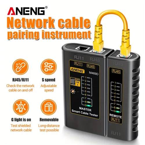 ANENG M469D hálózati kábeltesztelő RJ45/RJ11/RJ12 CAT5 UTP LAN kábelekhez, elemes Fekete