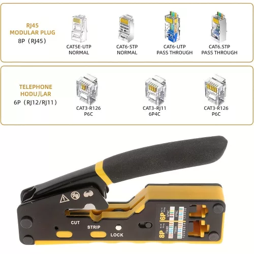 Professzionális Ethernet krimpelő szerszám ergonomikus fogantyúval, 8P RJ45 CAT5/6/6A, RJ11/RJ12