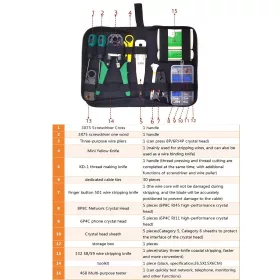   Hálózati szerviz eszközkészlet RJ45 teszterrel, krimpelő fogóval, kábelkövetővel, Cat5/Cat5e/Cat6-hoz