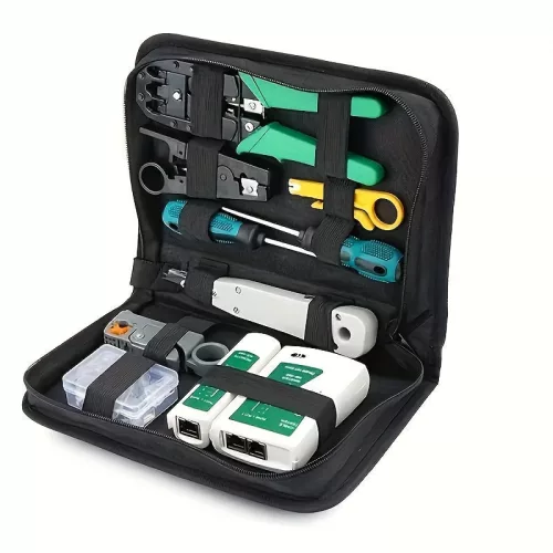 Hálózati szerviz eszközkészlet RJ45 teszterrel, krimpelő fogóval, kábelkövetővel, Cat5/Cat5e/Cat6-hoz