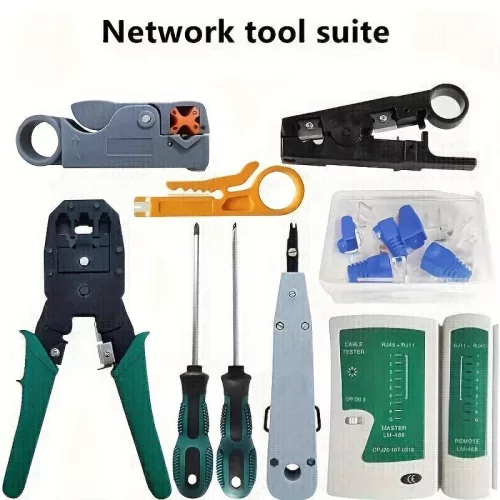 Hálózati szerviz eszközkészlet RJ45 teszterrel, krimpelő fogóval, kábelkövetővel, Cat5/Cat5e/Cat6-hoz