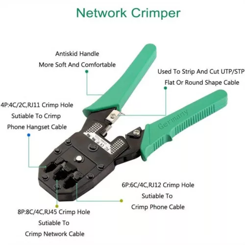 Professzionális RJ45 Cat5/Cat6 hálózati krimpelő fogó 4P/6P/8P, vágó és szálcsupaszító funkcióval
