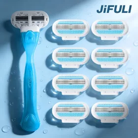   JIFULI női borotva cserélhető fejjel, 3 rétegű rozsdamentes acél pengékkel - Fogantyú + 8 penge