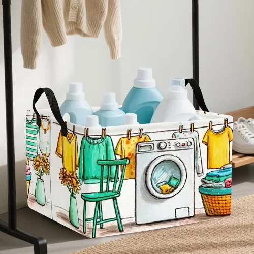 Összecsukható tárolókosár, négyzet alakú szervező "Laundry Day" felirattal, szövetből, 35 × 25 × 25 cm