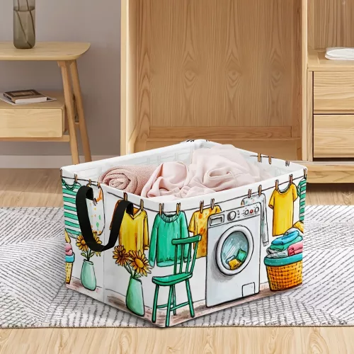 Összecsukható tárolókosár, négyzet alakú szervező "Laundry Day" felirattal, szövetből, 35 × 25 × 25 cm