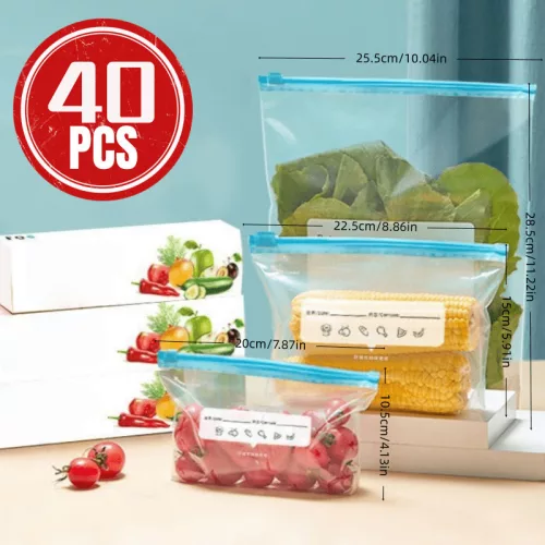 40 db újrahasználható húzózsinóros hűtőszekrény tároló frissességmegőrző zacskók, 20S+10M+10L 20S+10M+10L, 40 db