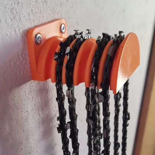 Falra szerelhető láncfűrészlánc-tartó garázsba és műhelybe, 6 lánchoz, műanyag akasztóval