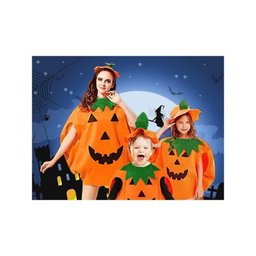 Tök jelmez álca Halloween-ra - gyerek és felnőtt méretben, aranyos narancssárga tök designnal, kiegészítőkkel.